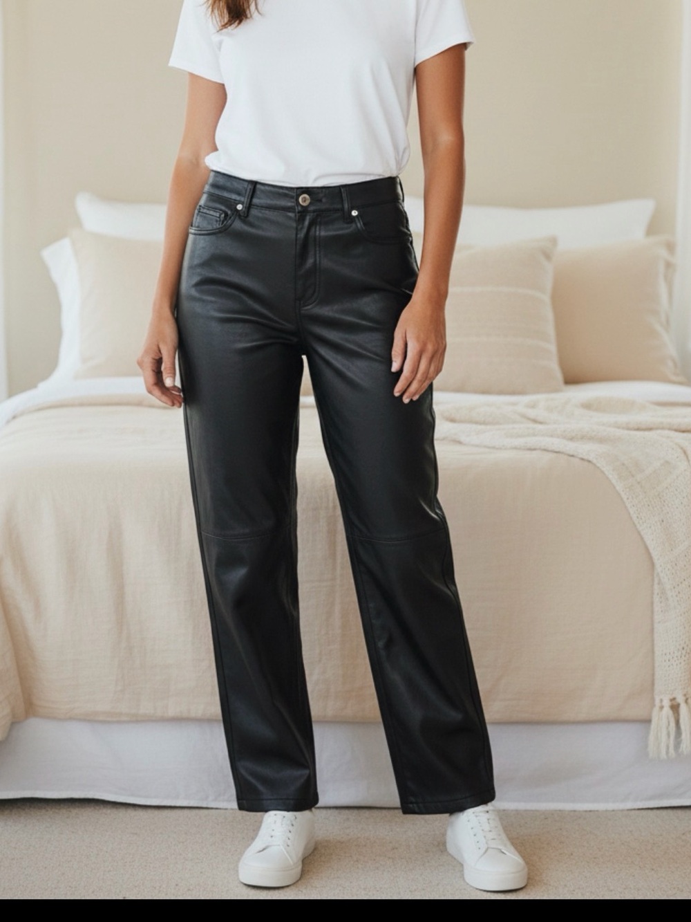 H&M Black Faux Leather Straight-Leg Jeans